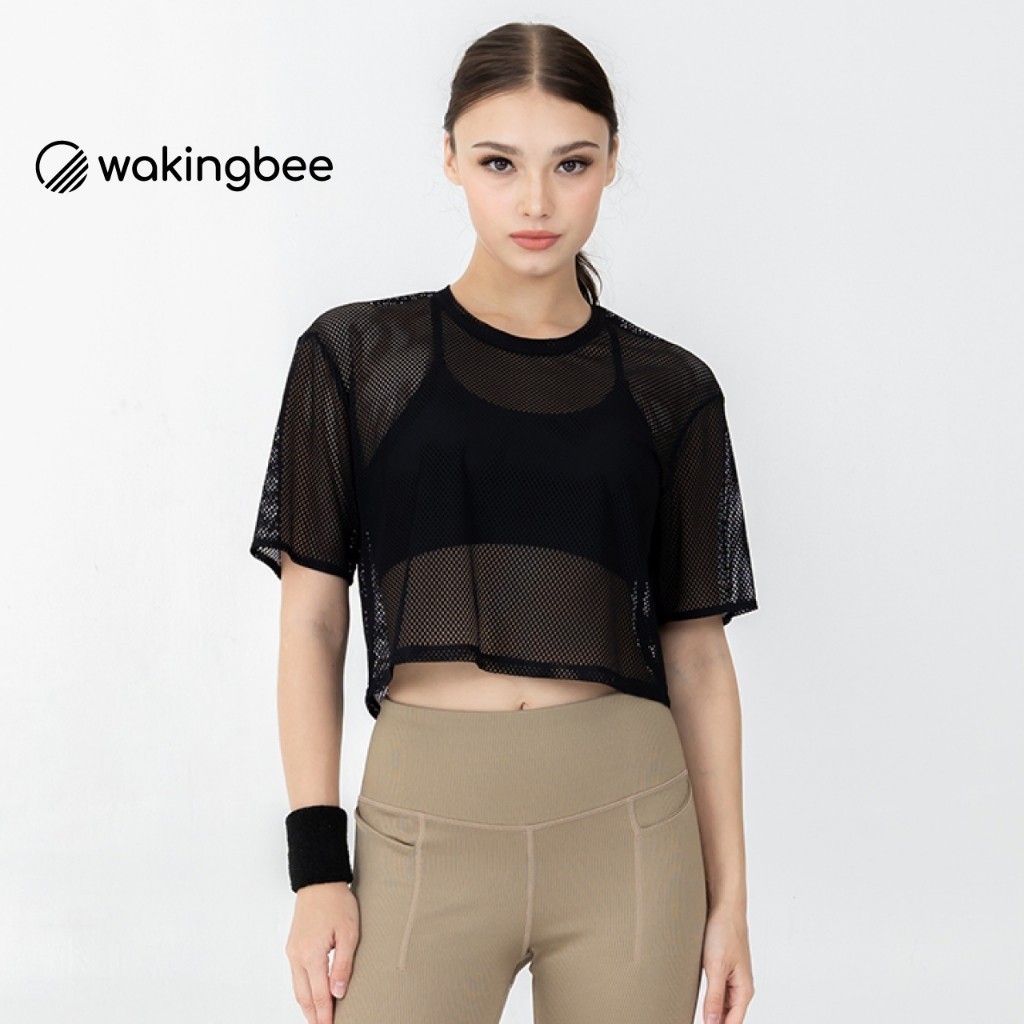Wakingbee Mesh Crop Bratop (Black) สปอร์ตบรา พร้อมเสื้อคลุมในตัว ไม่โป๊ ทรงสวย กระชับ ผ้าแห้งไว ยืดหยุ่นดี มีฟองน้ำ