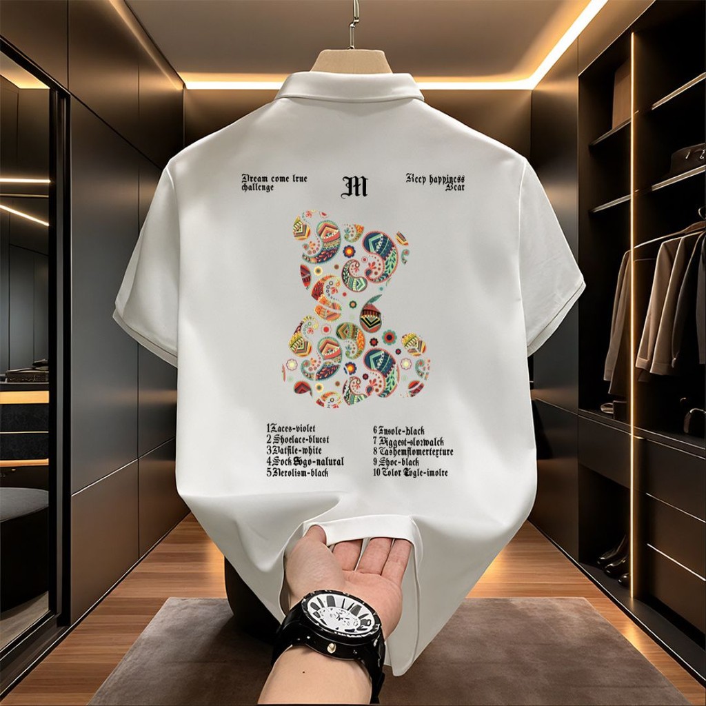 Y-T🐻 เสื้อโปโลชาย-เสื้อผู้ชาย OVERSIZE  ฝ้าย100% อเมริกันย้อนยุค  สวมใส่สบาย  S-3XL แนวสตรีท พิมพ์ "BEAR M"