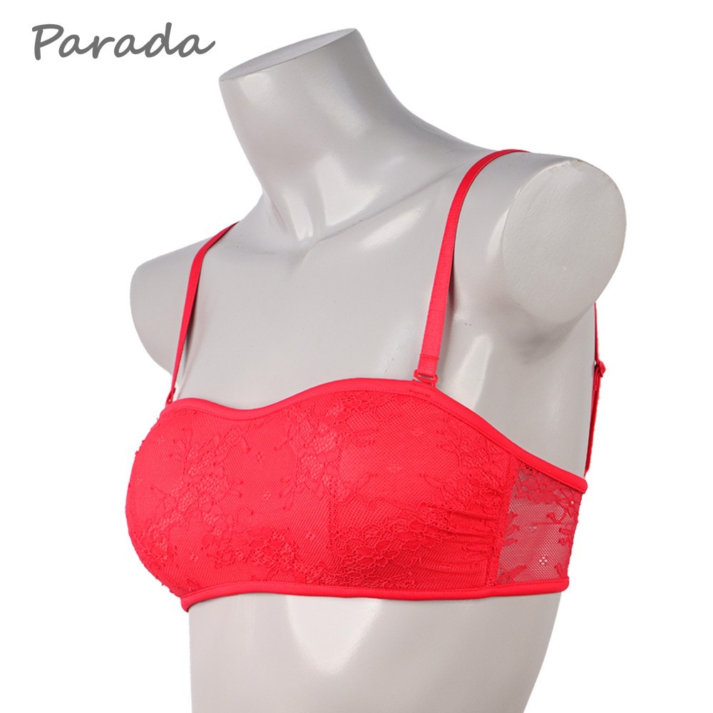 Parada เซต บรา,กางเกงในSV1518  สีแดงสดใส บราไร้โครง ยกทรงเกาะอก ผ้าลูกไม้ยืด