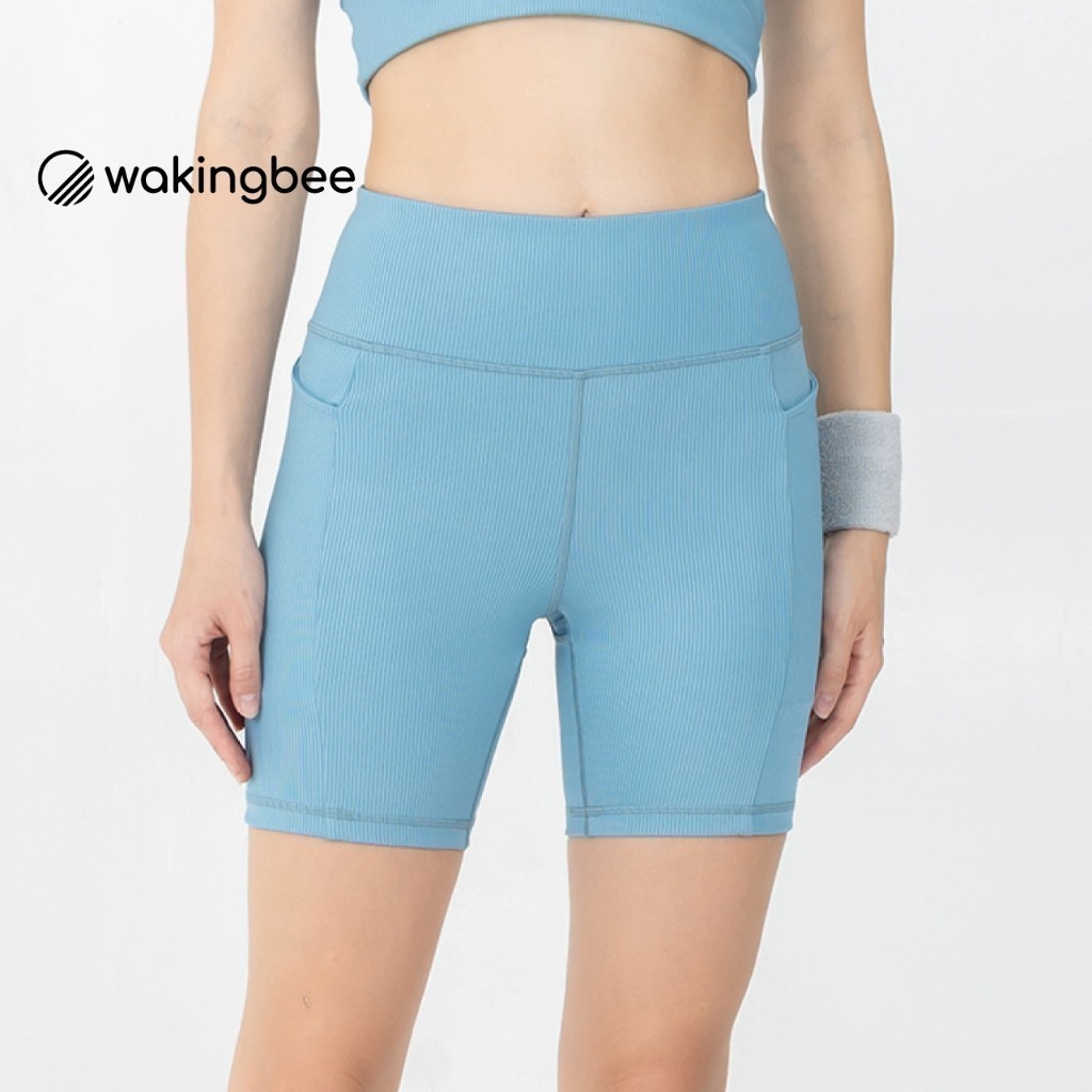 Wakingbee Rib Biker (Blue) กางเกงไบค์เกอร์ ผ้าร่องพรีเมี่ยม เอวสูง ทรงสวย มีกระเป๋า ผ้ากันยูวี แห้งไว ยืดหยุ่นดี