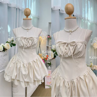 สาวอวบใส่ได้อก ถึง45ชุดเดรสสายเดี่ยวสั้นสไตล์เวียดนามส่งน่ารักมาก detail แต่งขอบลูกไม้