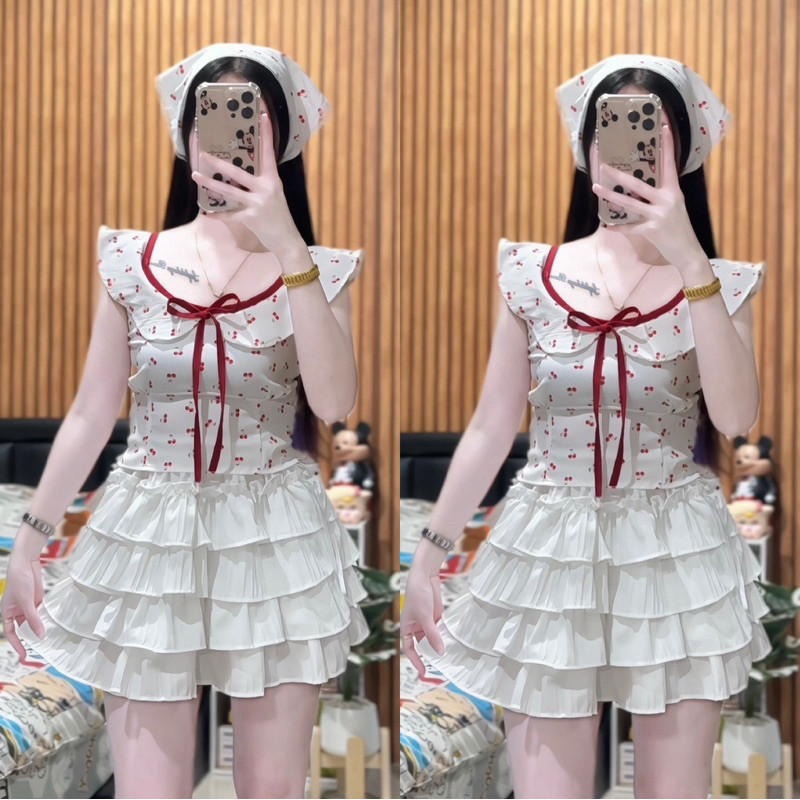 เสื้อครอปคอวีแขนระบาย +ผ้าโพกผม ทรงน่ารักมาก💗(เสื้ออย่างเดียว)