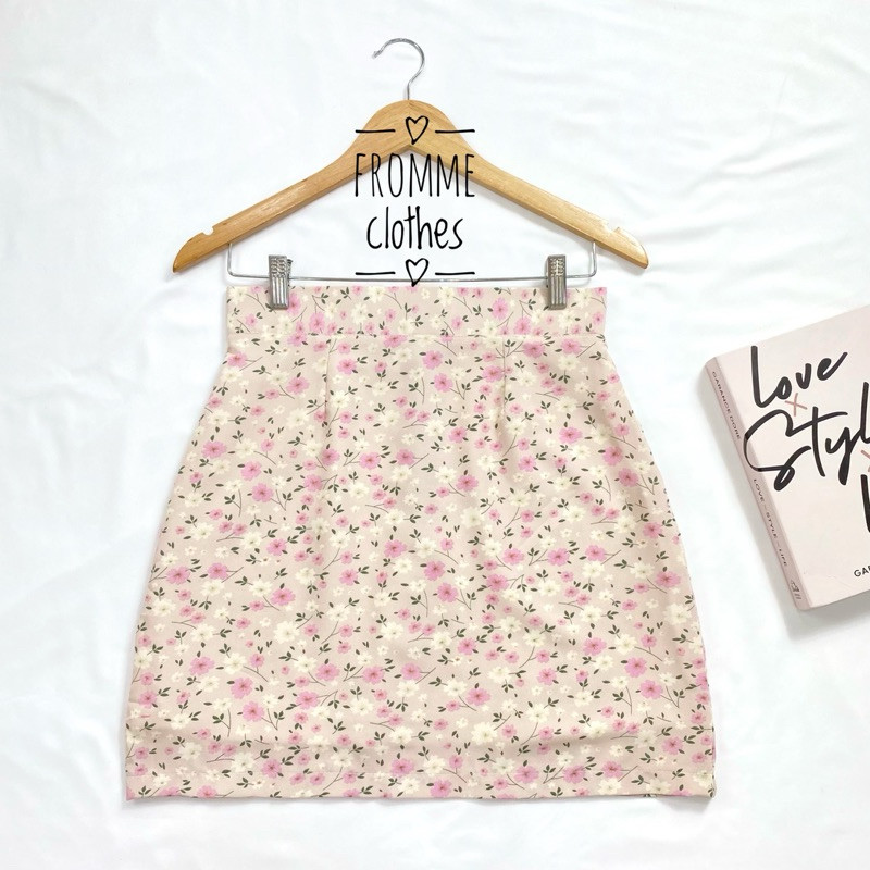💓กระโปรงทรงเอผ้าซากุระพิมลายดอกสีชมพู(XS-5XL)