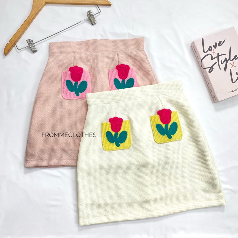 Frommeclothes🌷กระโปรงทรงเอผ้าทวิตติดดอกทิวลิป(XS-5XL)