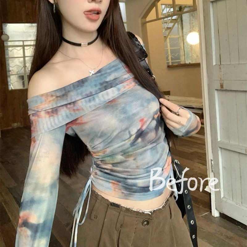 หวานสาวร้อนปิดไหล่ด้านบนDrawstringพิมพ์เสื้อยืดแขนยาวผู้หญิงเก๋ผ้ากอซด้านบน BF - รูปที่ 3