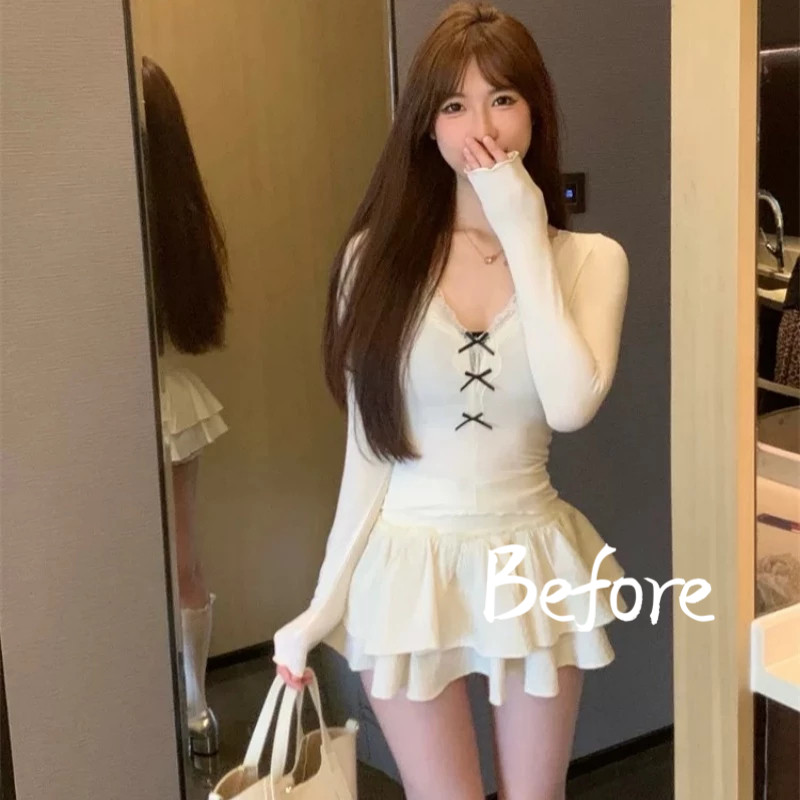 โบว์ลูกไม้ขอบเสื้อยืดแขนยาวผู้หญิงบางกระชับสั้นBottomingเสื้อร้อนสาวยอดนิยม BF