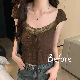 เสื้อยืดโบว์ลูกไม้สไตล์ฝรั่งเศสผู้หญิง Niche คอวีแขนสั้นเสื้อยืดสลิมฟิตสั้นด้านบน BF