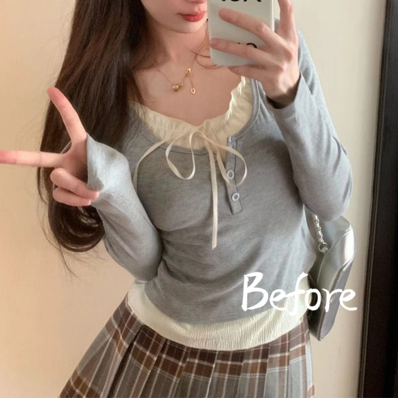 ปลอม 2 ชิ้นเสื้อยืดผู้หญิง Bow LACE-up Bottoming เสื้อ Ruffle EDGE SLIM FITTING TOP BF