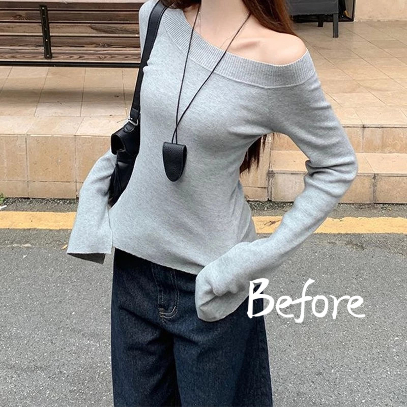 เสื้อยืดแขนยาวปิดไหล่ สาวฮอต สลิมฟิต เสื้อบอททอม ซอกแยกด้านบน BF