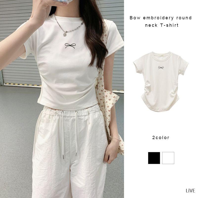 Bowknot รอบคอผิดปกติบางเสื้อยืดปิดเอวสั้น LIVE