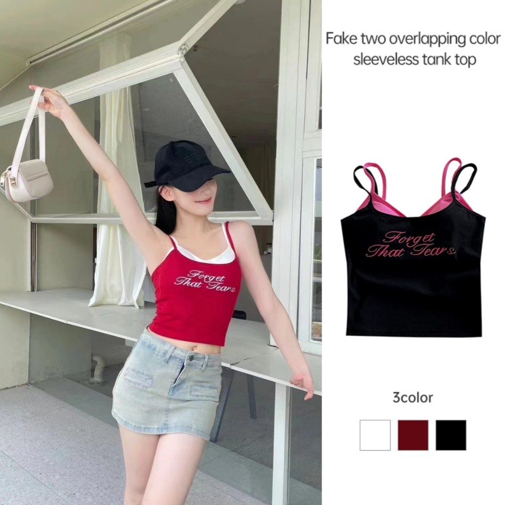 🎀พร้อมส่ง🎀ชั้นบนใหม่ของเสื้อกล้ามที่ตัดกันพร้อมที่แขวนพิมพ์ด้วยตัวอักษรสาวเผ็ด LIVE