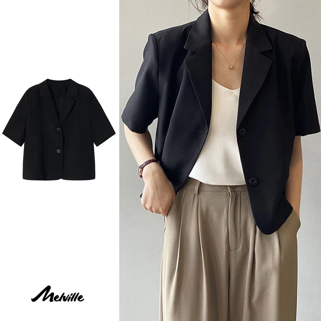 เบลเซอร์สําหรับผู้หญิงเสื้อครอปสํานักงานแฟชั่นอย่างเป็นทางการเสื้อคาร์ดิแกนแขนสั้นแจ็คเก็ตธรรมดา MEL