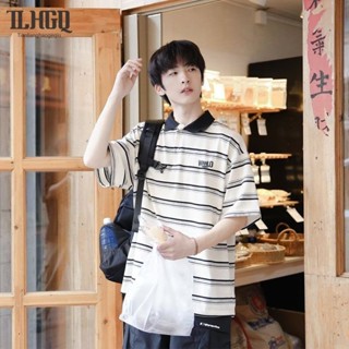TLHGQ เสื้อโปโลลายทางสีดําและสีขาวมีสไตล์สําหรับชุดลําลองสํา…