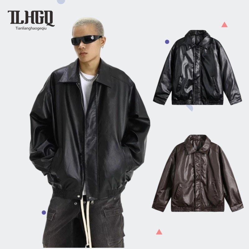TLHGQ เสื้อแจ็คเก็ตหนังผู้ชาย สตรีทสไตล์อเมริกันย้อนยุคที่เข้าคู่ง่ายสบาย ๆ เสื้อแจ็คเก็ตเกาหลี