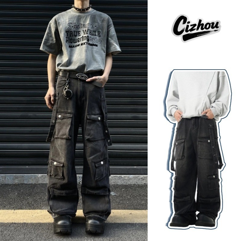 Cizhou กางเกงยีนส์แฟชั่น,vibe Street Hip Hop กางเกงขากว้างทรงหลวม