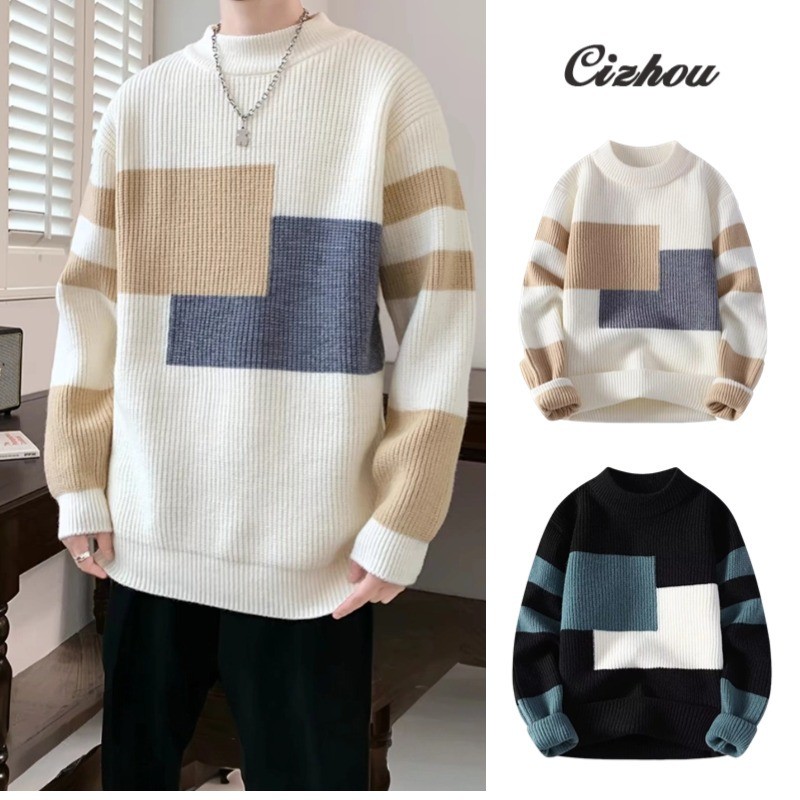 เสื้อสเวตเตอร์ตัดกันหนาผู้ชาย สไตล์อินเทรนด์ ทรงหลวม ใส่สบาย อุ่นกำลังดี