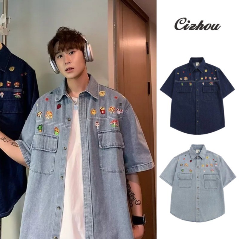 เสื้อเชิ้ตผู้ชาย เสื้อเชิ้ตยีนแขนครึ่งลําลอง ปักลายน่ารัก คุณภาพสูง สําหรับผู้ชาย วันสงกรานต์