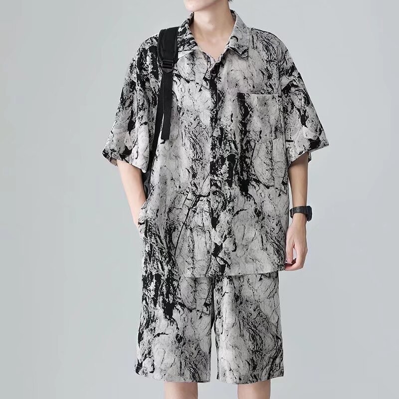 ชุดเสื้อเชิ้ตแขนสั้น คอปก ผ้าเรยอน และกางเกงขาสั้น ทรงหลวม สําหรับผู้ชาย