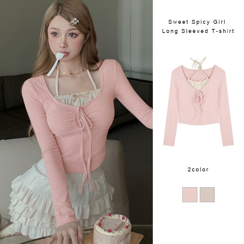 เสื้อยืดแขนยาวสาวหวานเผ็ดปลอมสองชิ้นแขวนคอเก๋ไก๋พอดีตัวด้านบน