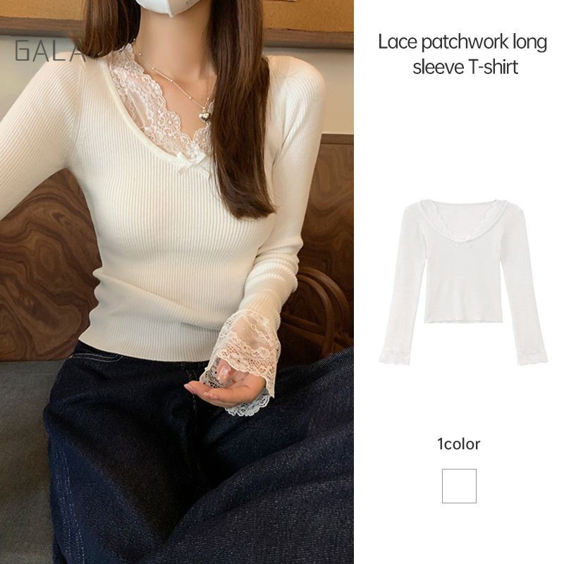 ผู้หญิง Slim FITTING Bottoming เสื้อลูกไม้สีขาว Patchwork เสื้อยืด Niche เสื้อแขนยาว GA