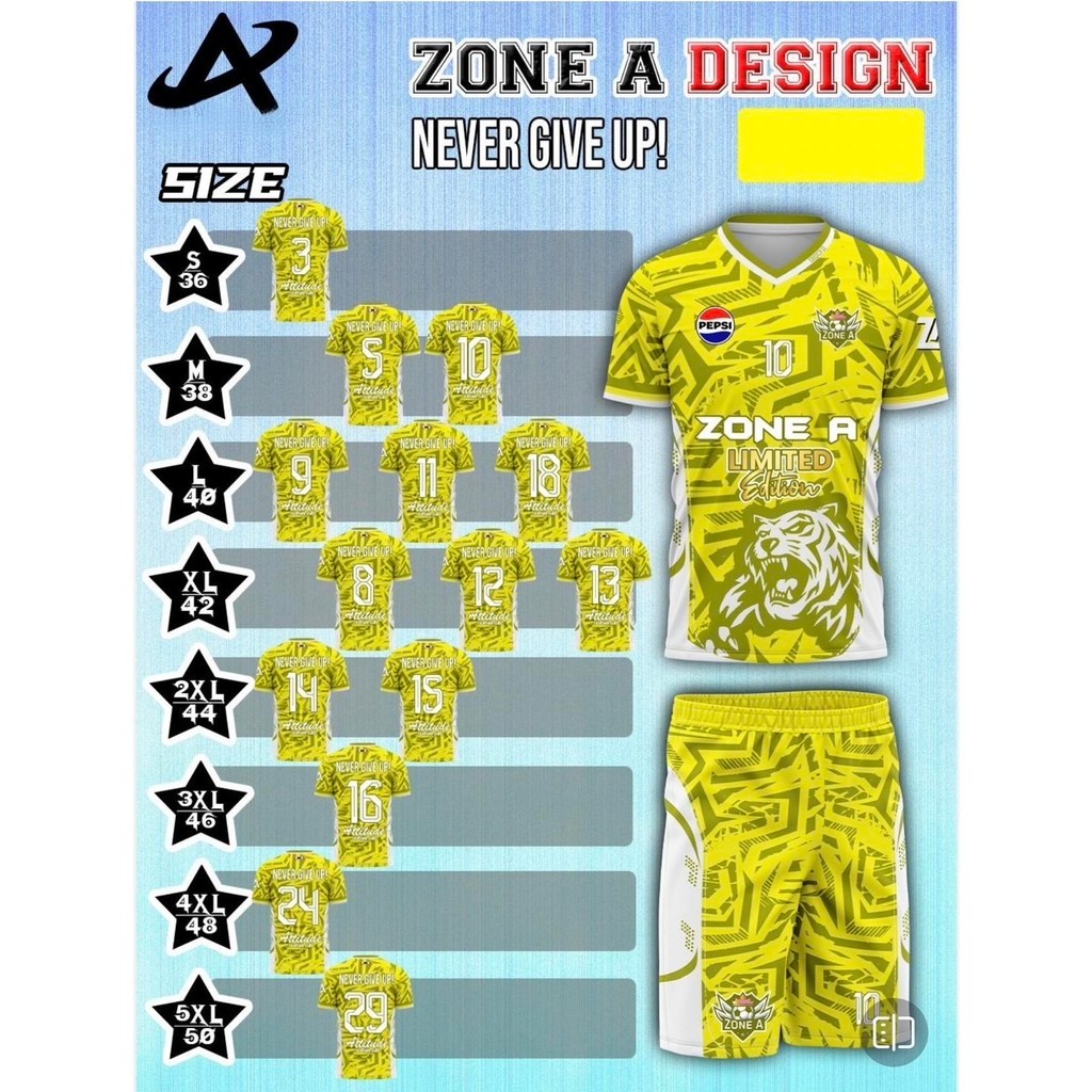 NEVER GIVE UP ชุดกีฬา Zone A  ผ้าใส่สบาย ใส่เล่นกีฬา ออกกำลังกาย เตะบอลเป็นทีม ราคาถูก