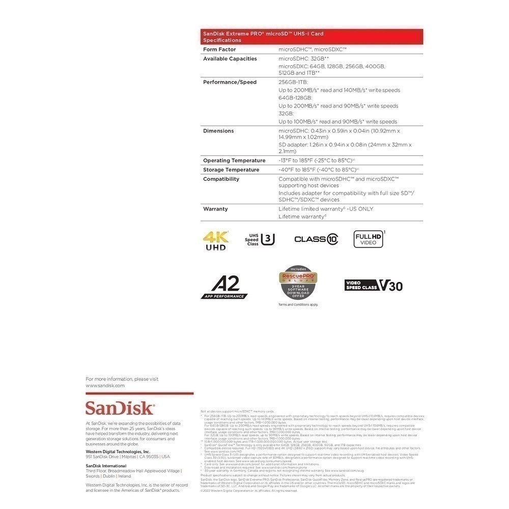 Sandisk เมมโมรี่ การ์ด MicroSDXC Extreme Pro 128GB U3 V30 A2 R200/W90 SDSQXCD-128G-GN6MA (ประกันศูนย์) - รูปที่ 3
