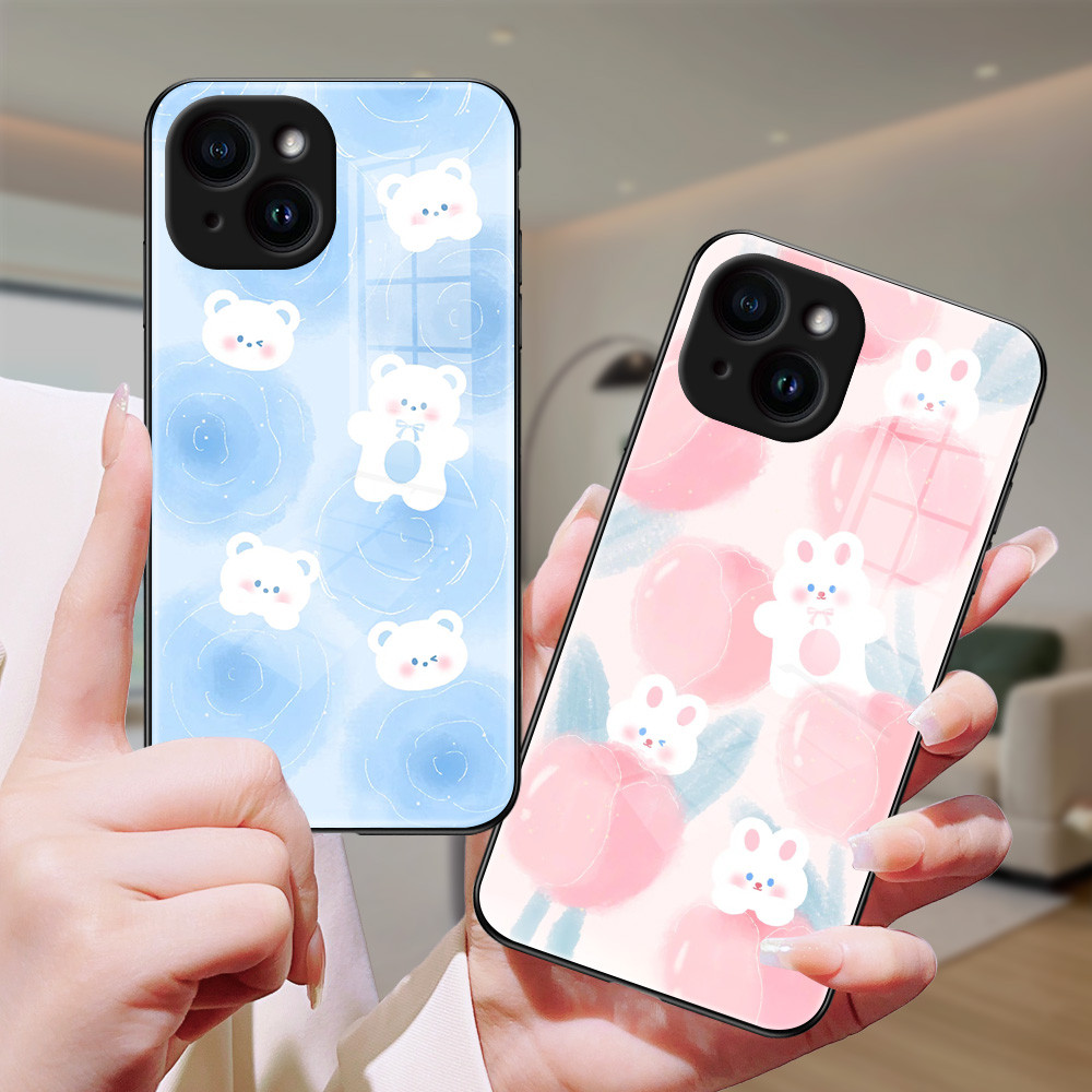 หมีขาว เคส กระจก iPhone 11 pro max 12 mini 13 14 plus 15 pro XR X XS max 6 7 6s 8 se h3f2064