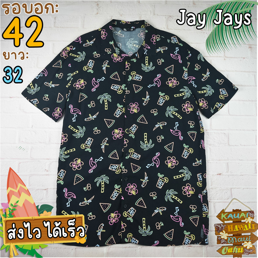 Jay Jaysแท้ รอบอก42 เสื้อฮาวาย เสื้อเชิ้ตผู้ชาย สีดำ แขนสั้น เนื้อผ้าดีใส่สบาย