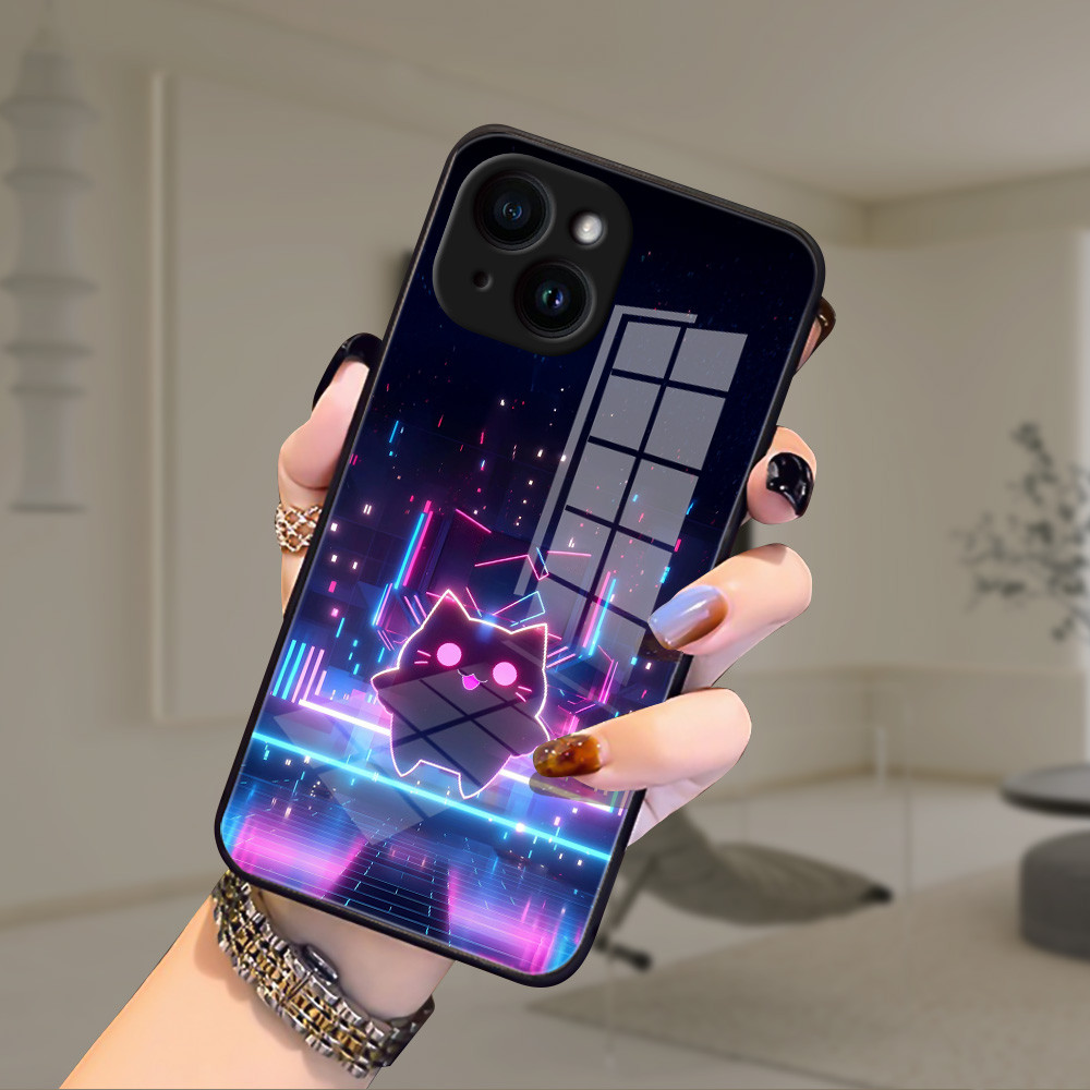 แมวเรืองแสง เคส กระจก iPhone 11 pro max 12 mini 13 14 plus 15 pro XR X XS max 6 7 6s 8 se h3f2096