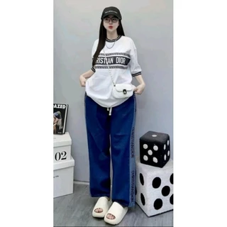 GN พร้อมส่ง งาน2 ชิ้นเสื้อคอกลมแขนสั้นปักโลโก้ตรงอกคู่กับกางเกงขายาวผ้าเกล็ดปลาสกรีนลายเข้าชุดกันผ้านุ่มใส่สบาย