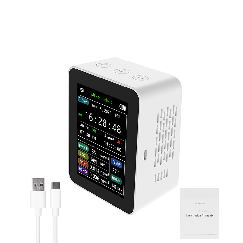 Tuya เครื่องตรวจจับคุณภาพอากาศอัจฉริยะ WiFi PM2.5 CO2 TVOC HCHO อุณหภูมิความชื้น 6 In 1 แสดงวันที่ สัปดาห์ APP รีโมตคอนโทรล TOP1219