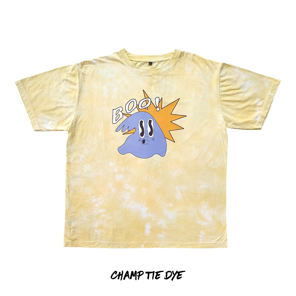 BOO! l Tie Dye Oversized T-shirt unisex เสื้อมัดย้อม โอเวอร์ไซส์ สีเหลือง สกรีนลายน่ารักๆ