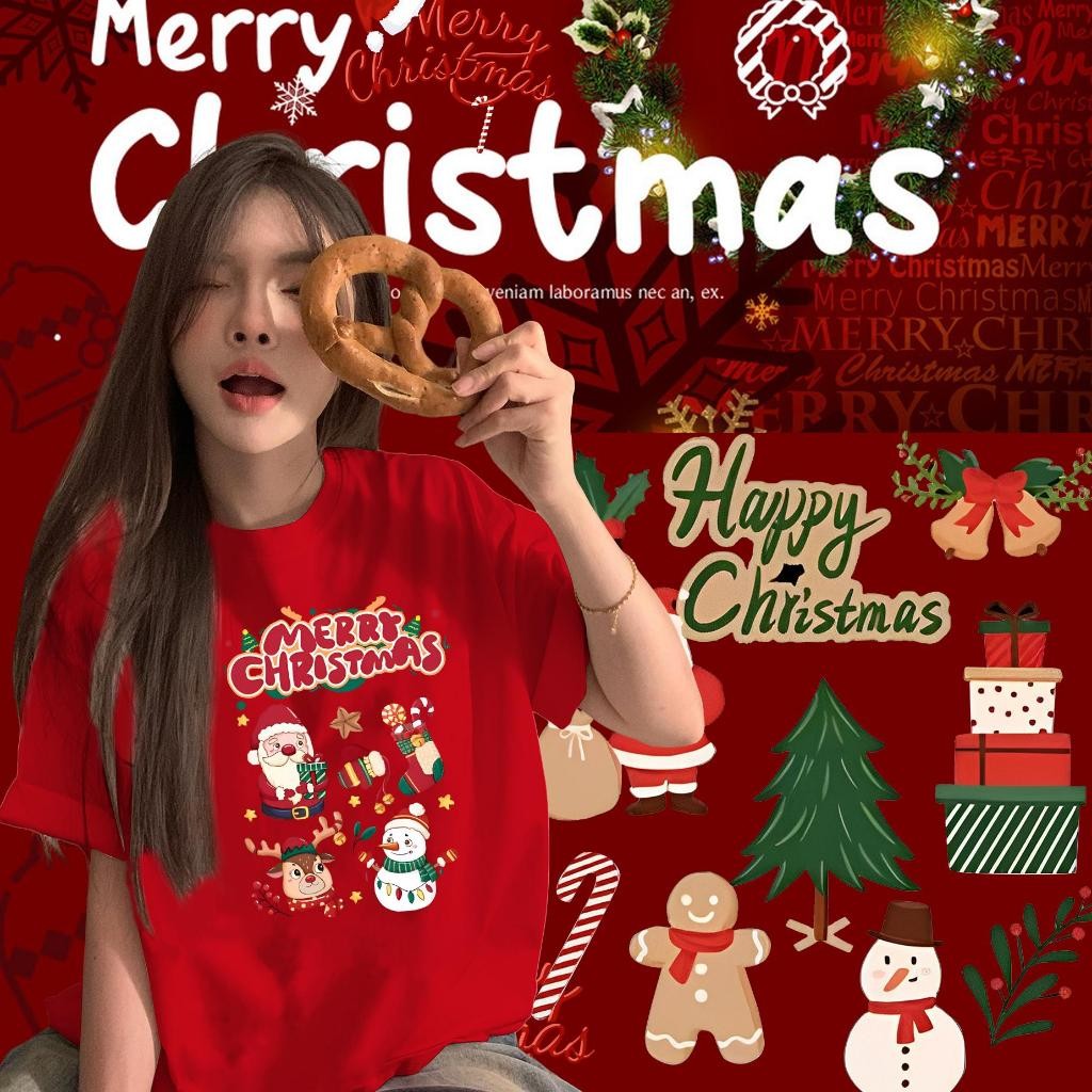 (พร้อมจัดส่งค่ะ) เสื้อชุดคริสต์มาส Red Christmas t shirt uniqlo ผ้าฝ้ายแท้ tshirt ไม่ต้องรีด คอลูกเรือ ทรงหลวม
