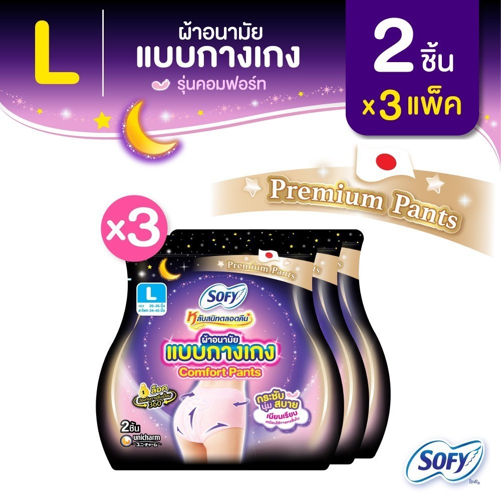 Sofy โซฟี หลับสนิทตลอดคืน ผ้าอนามัย แบบกางเกง ไซส์ L จำนวน 2 ชิ้น (3 แพ็ค) Sofy Night Pants Size L 2 pcs Pack 3