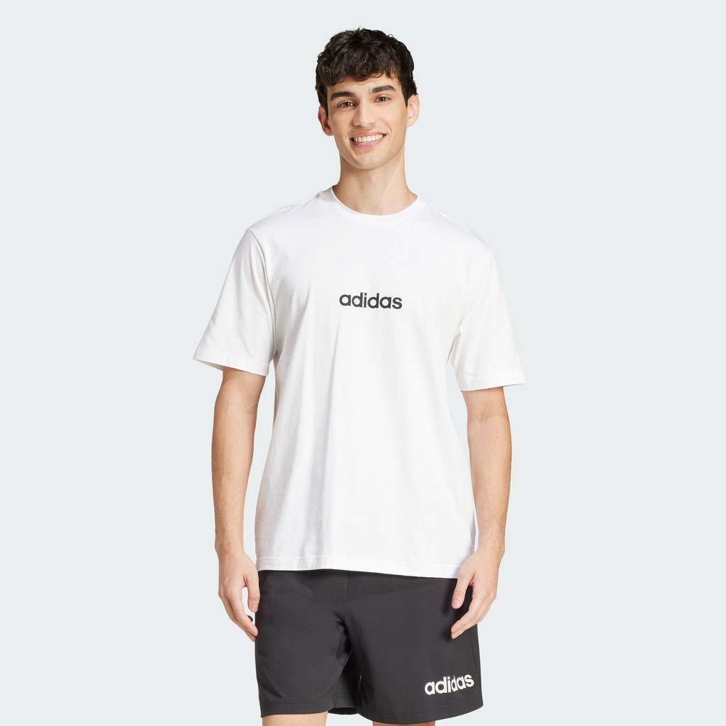 adidas ไลฟ์สไตล์ เสื้อยืดผ้าซิงเกิลเจอร์ซีย์ Essentials Linear ผู้ชาย สีขาว JE9000