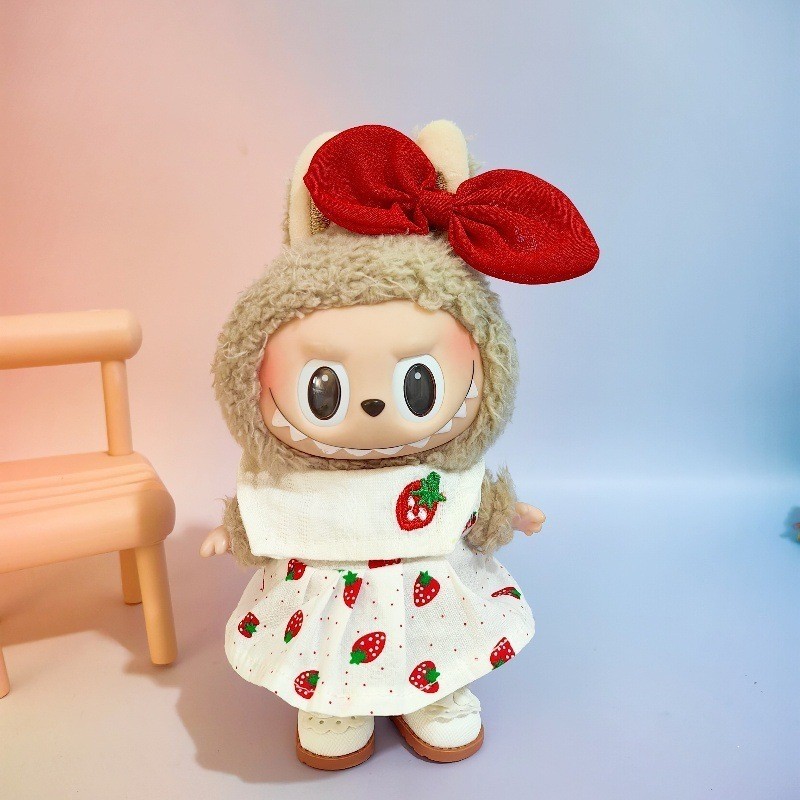 Sunmer Labubu Macaron 17 ซม.กระโปรงจี้ไวนิลเสื้อผ้าสตรอเบอร์รี่ชุดกระโปรงอุปกรณ์เสริมผมชุด
