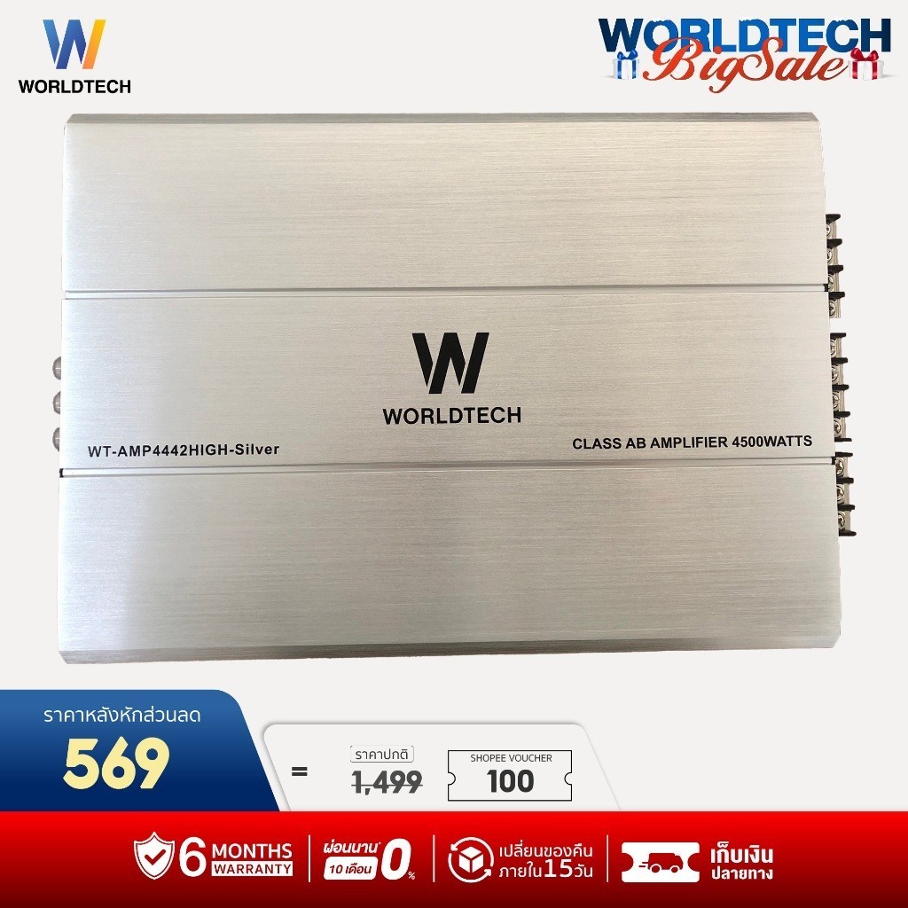 Worldtech รุ่น WT-AMP4442HIGH เพาเวอร์แอมป์,แอมป์ขยายเสียง (Car Amplifier) Class AB คลาส เอบี 4 CH