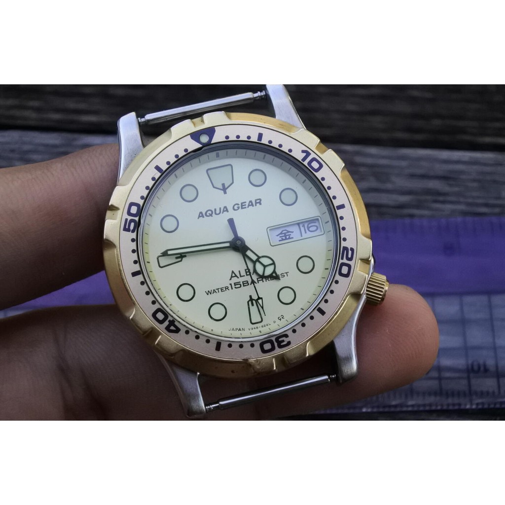 นาฬิกา Vintage มือสองญี่ปุ่น ALBA AQUA GEAR V348 6A50 ระบบ QUARTZ ผู้ชาย ทรงกลม DRIVER หน้าปัดเรืองแ