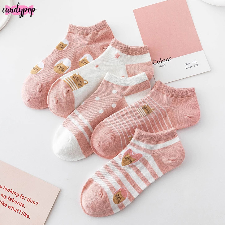 candypop สีชมพูน่ารักการ์ตูน Little Orange Cat ถุงเท้าข้อสั้น Ins ถุงเท้าข้อสั้นสดถุงเท้าที่มองไม่เห็น