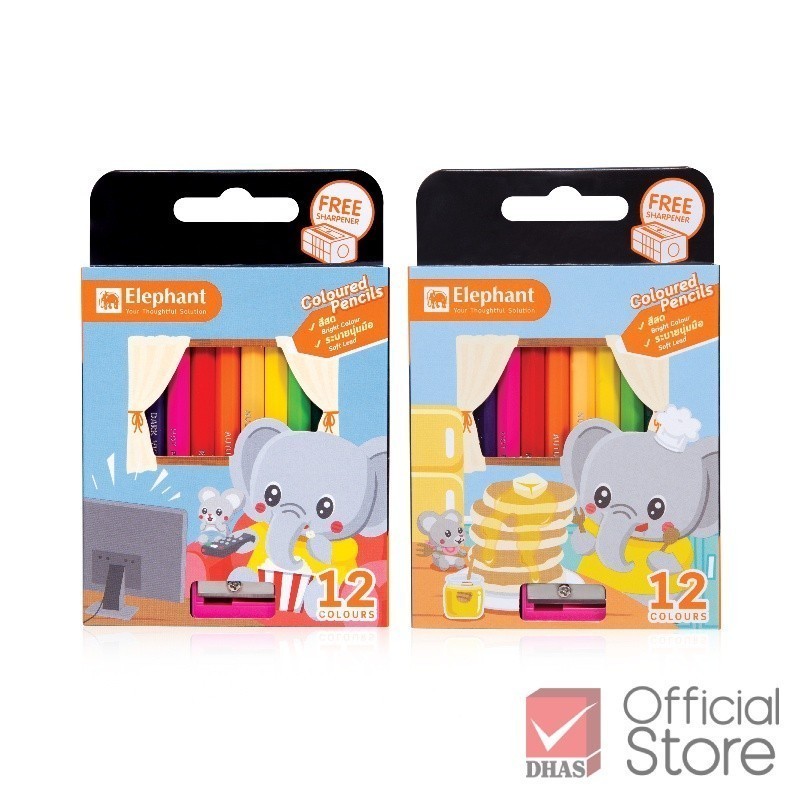 Elephant สีไม้ ดินสอสีไม้ แท่งสั้น 12 สี จำนวน 1 กล่อง