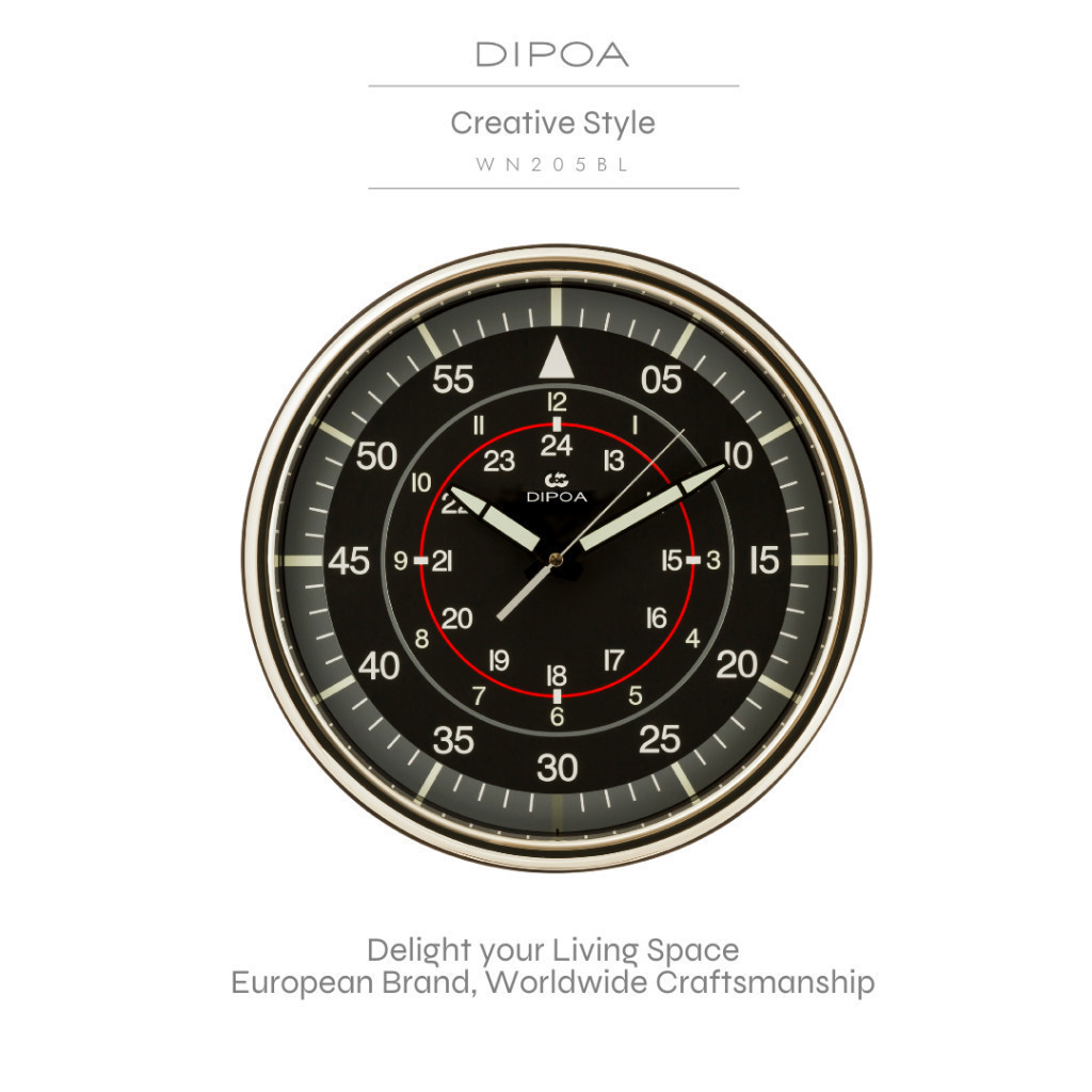 DIPOA WN205BL นาฬิกาแขวนผนัง 35.8 ซม. ตัวเลขพรายน้ำ เข็มเดินเงียบ ดีไซน์ห้องนักบิน