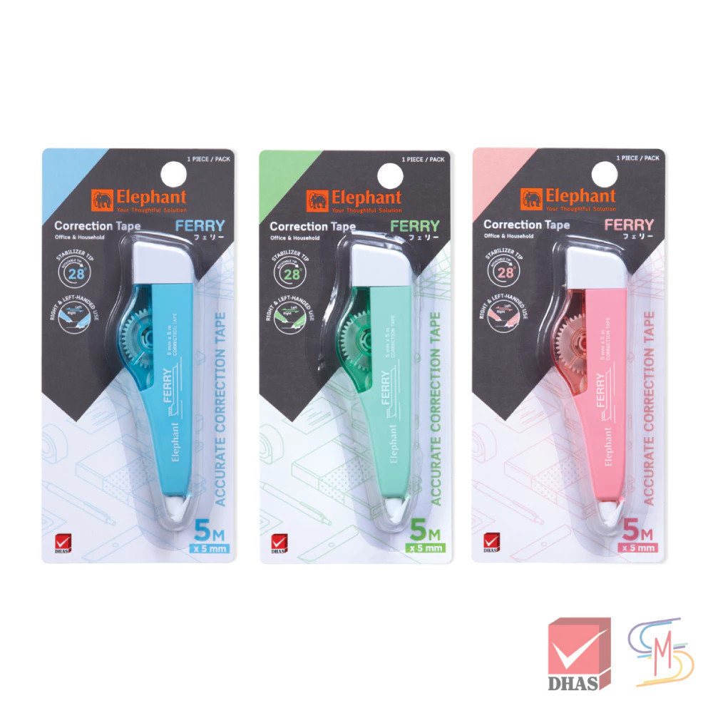 Elephant ตราช้าง เทปลบคำผิด รุ่น เฟอร์รี่ 5 มม. x 5 ม. คละสี (1 ชิ้น)