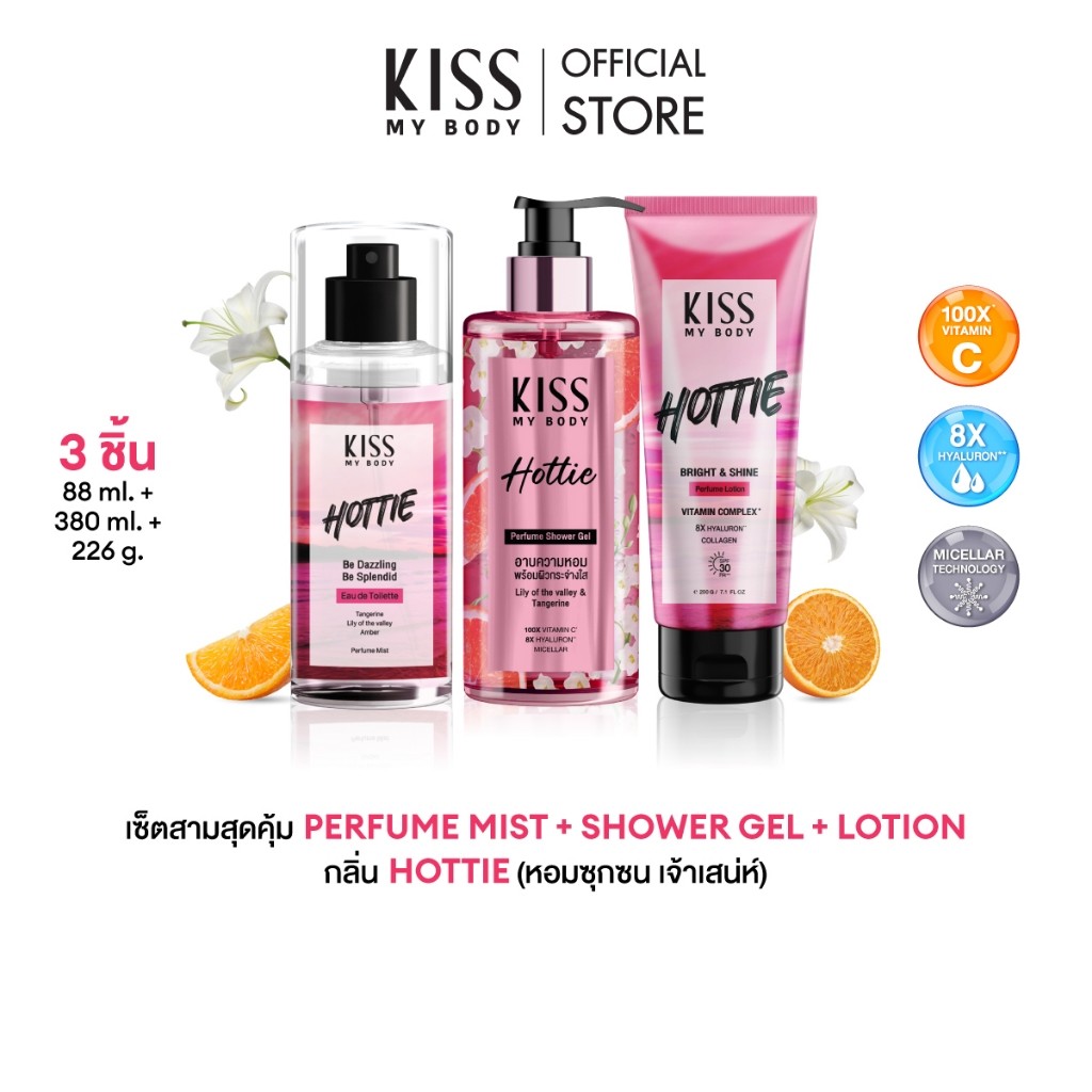 [เซ็ตสุดคุ้ม] Kiss My Body Bright & Shineโลชั่นน้ำหอม226g. สเปรย์น้ำหอม ครีมอาบน้ำ กลิ่นฮอตตี้Hottie