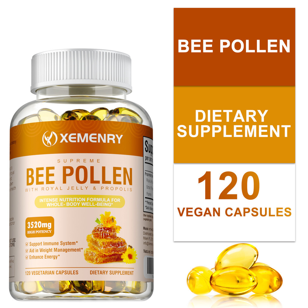 Xemenry Premium Bee Propolis Royal Jelly & Pollen Capsules พร้อมสารสกัดจากพริกไทยดําสําหรับการสนับสนุนภูมิคุ้มกัน, เพิ่มพลังงานและสารต้านอนุมูลอิสระ, อาหารเสริมเพื่อสุขภาพจากธรรมชาติ