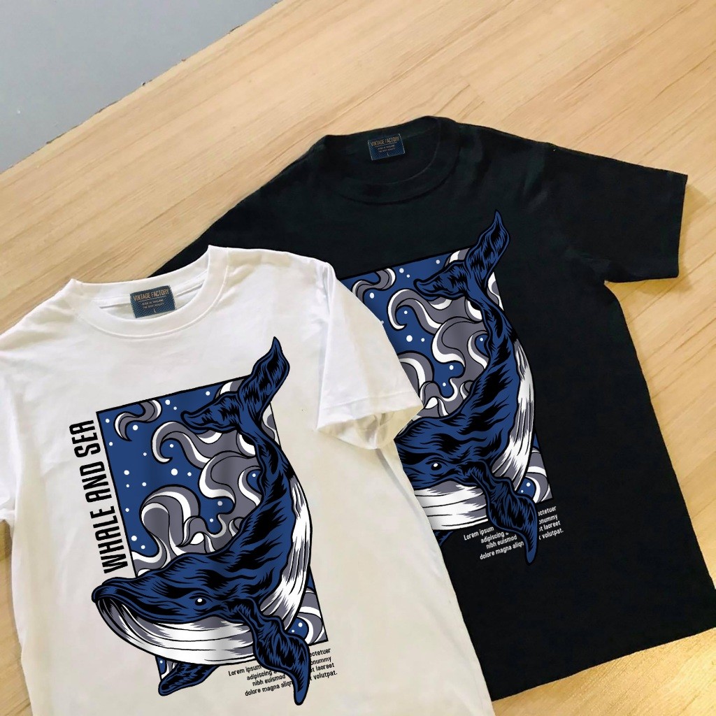 (พร้อมส่ง) เสื้อยืด Whale and sea -  ผ้าคอตตอน 100% สกรีนสีจมติดแน่นทนนาน
