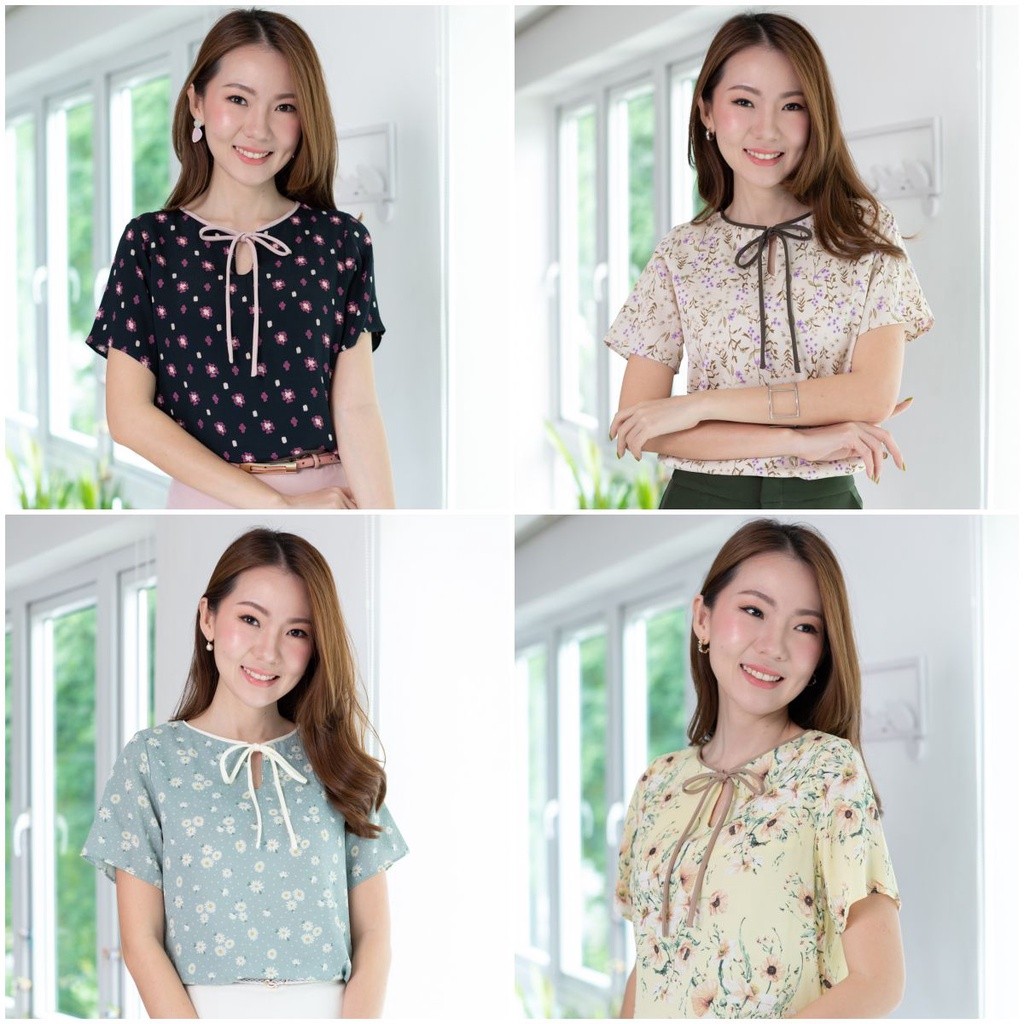 Narinari : MT3201 Bow Neckline Floral Blouse เสื้อแต่งกุ๊นโบว์ เสื้อทำงาน