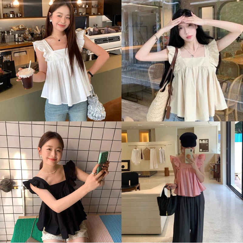 เสื้อคอเหลี่ยม แขนระบายผูกโบว์หลัง สไตล์มินิมอลน่า เรียบๆแต่น่ารัก💗