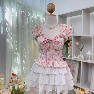 เสื้อครอปแขนตุ๊กตาผ้าพิมพ์ลาย สาวอวบใส่ได้อก 38 โทนหวานละมุนมากค่า ผู้หญิง Women Clothing (เสื้ออย่างเดียว)