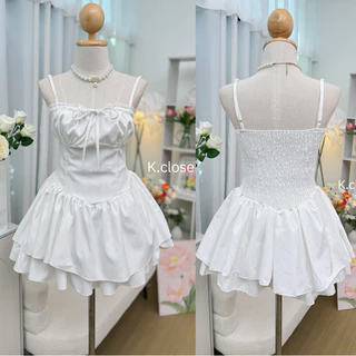 สาวอวบใส่ได้อก ถึง45ชุดเดรสสายเดี่ยวสั้นสไตล์เวียดนามส่งน่ารักมาก detail แต่งขอบลูกไม้