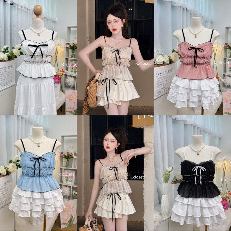 เสื้อสายเดี่ยวดีเทลน่ารัก ~♡เสื้อสายเดี่ยวทะเล สายปรับได้ยืดเยอะสาวอวบใส่ได้♡